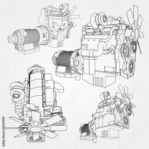 A big diesel engine with the truck depicted in the contour lines on graph paper. The contours of the black line on the grey background.