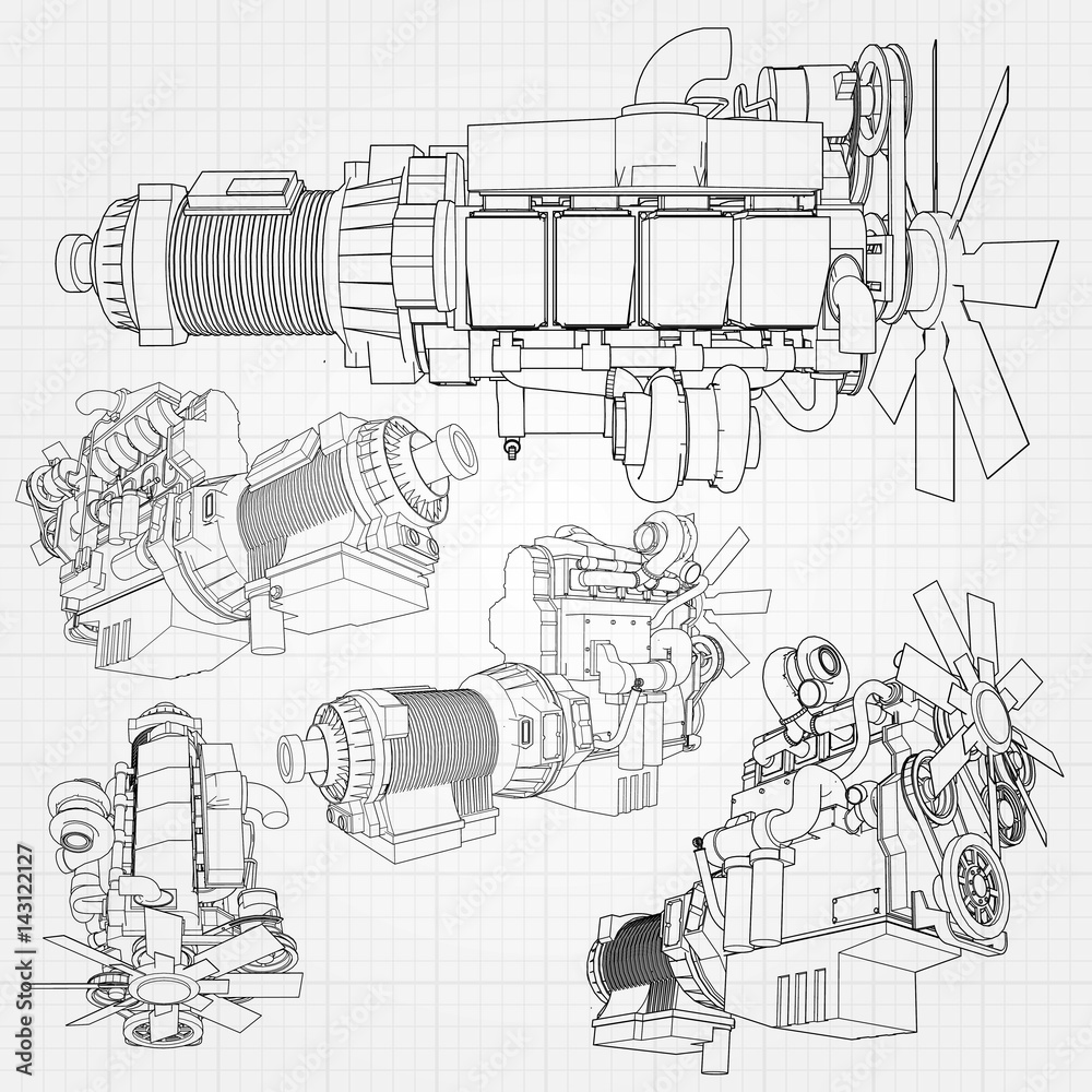 A big diesel engine with the truck depicted in the contour lines on ...