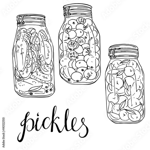 Jar set of pickled vegetables and stewed fruit on white background. Hand lettering. Hand drawn vector illustration.