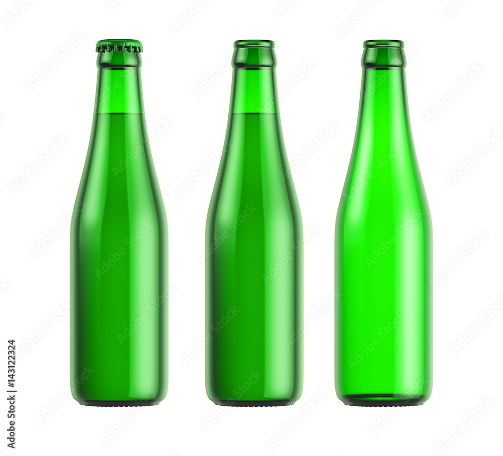 Green glass bottle isolated on white background, 3D rendering Green glass bottle isolated on white background, 3D rendering