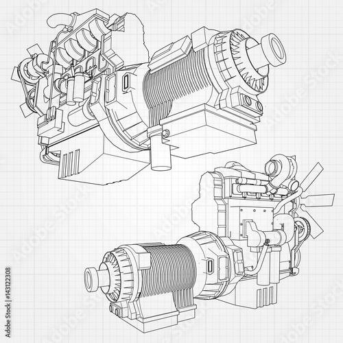 A big diesel engine with the truck depicted in the contour lines on graph paper. The contours of the black line on the grey background.