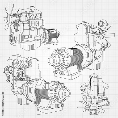 A big diesel engine with the truck depicted in the contour lines on graph paper. The contours of the black line on the grey background.