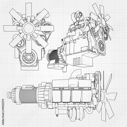 A big diesel engine with the truck depicted in the contour lines on graph paper. The contours of the black line on the grey background.