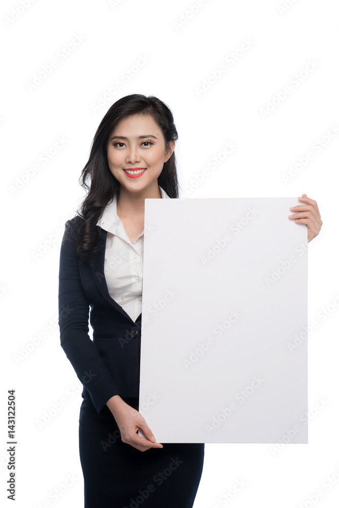 Young asian business woman showing a white board isolated on white background. Young asian business woman showing a white board isolated on white background.