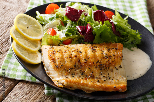 Obraz na płótnie Grilled Arctic char fish with mix salad and sauce close-up