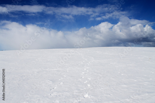 следы на белом снеге уходят за горизонт в облако
