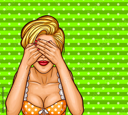 Vector illustration of a pop art blond woman covering her eyes with her hands in anticipation of a pleasant surprise. An excellent advertising poster for advertising discounts and sales