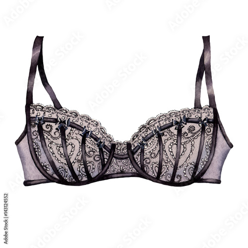 Handwork watercolor black lace bra on white background, isolated watercolor illustration.