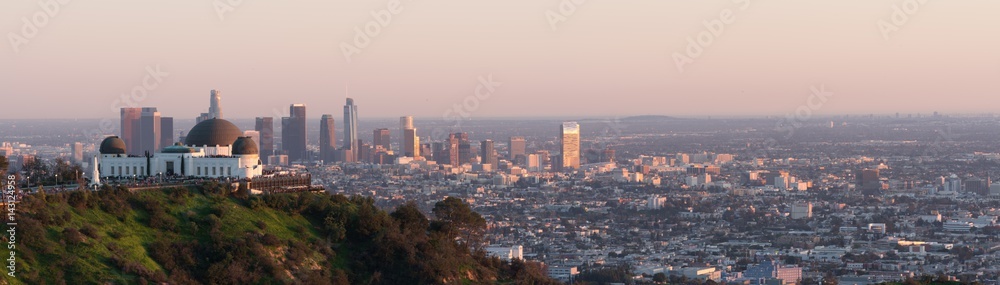  Los Angeles sunset, California, USA downtown skyline from Griffith park panoramic view