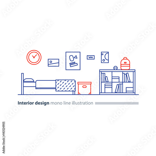 Interior design idea, bedroom furniture, arrangement plan, bed and bookcase 