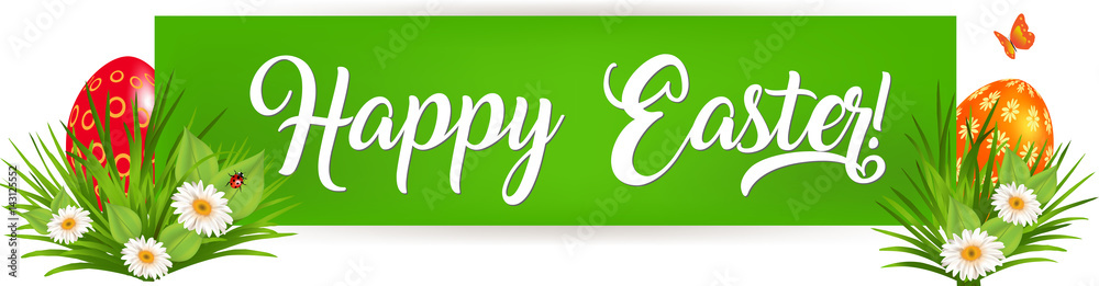 Easter banners with multicolored eggs in a grass with daisy, butterfly and ladybug Easter banners with multicolored eggs in a grass with daisy, butterfly and ladybug