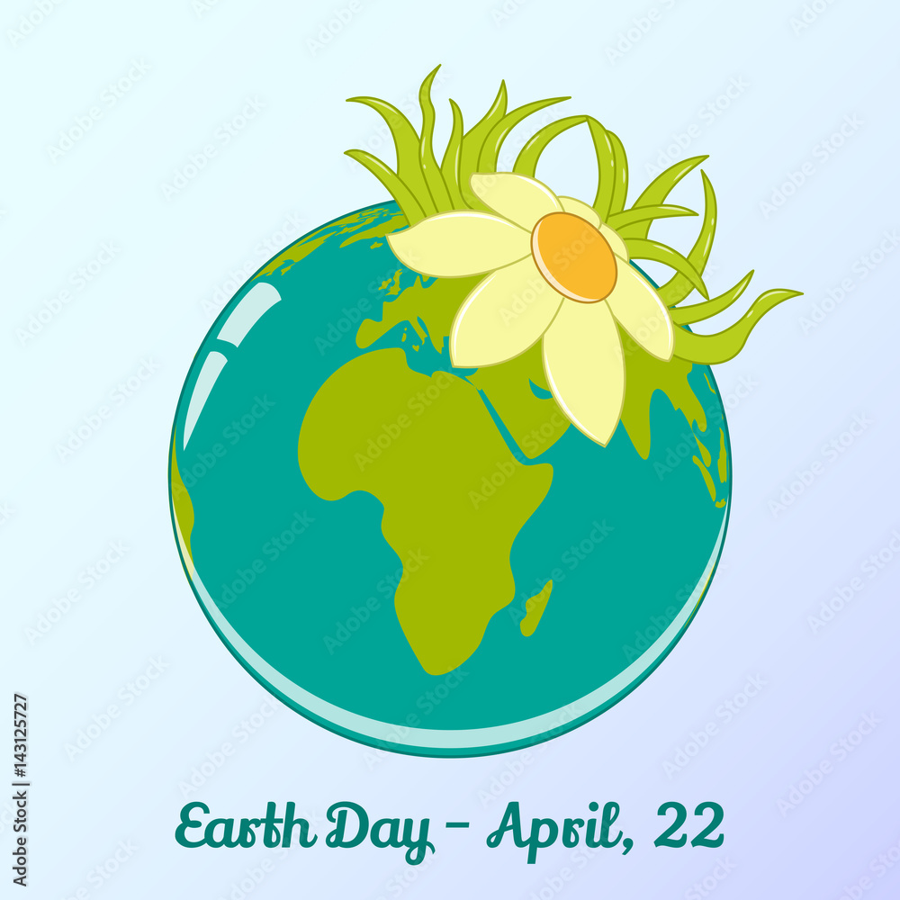 Background with globe and flower in cartoon style for World Earth Day
