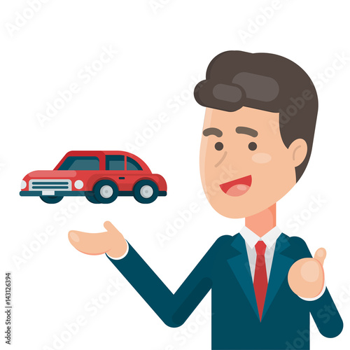 Smiling Salesperson showing the car, business car sale concept, Vector character illustration.