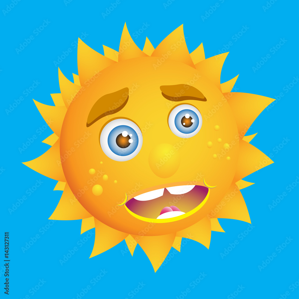 Cute cartoon sun. Kind sunny smile icon. Positive emotions. Sunlight on a sunny day. Vector EPS