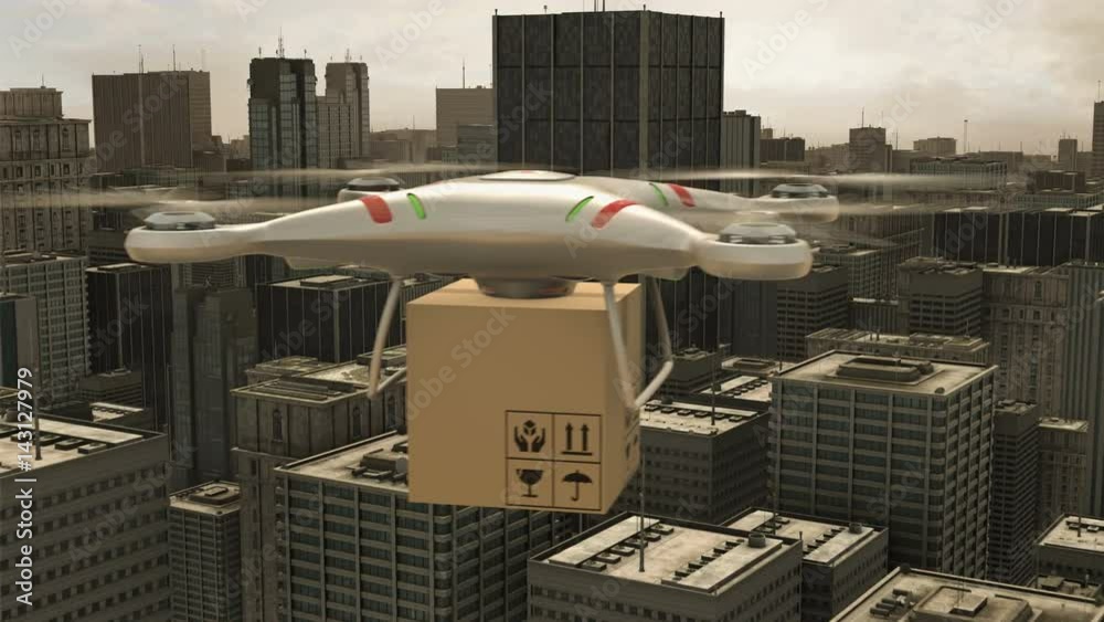 Quadcopter drone delivery - A CG animation showing an Unmanned Aerial Vehicle delivering a parcel to customers in a large metropolis
