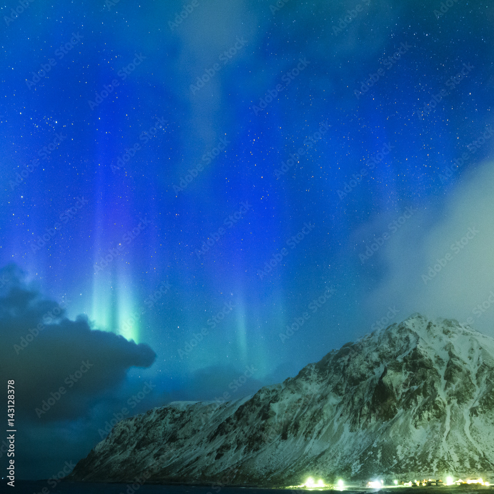 Amazing Picturesque Unique Nothern Lights Aurora Borealis Over Lofoten Islands in Nothern Part of Norway. Over the Polar Circle