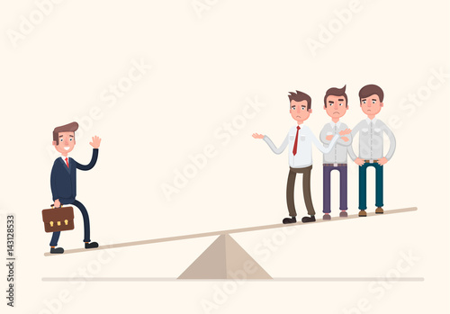 One businessman on one side of weighing scale is heavier than many executives the other side.