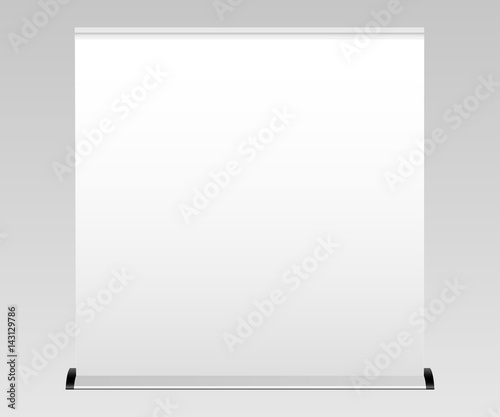 White wide blank roll-up banner mockup. Apply your design and showcase your projects and layouts for exhibition or presentation. Vector illustration