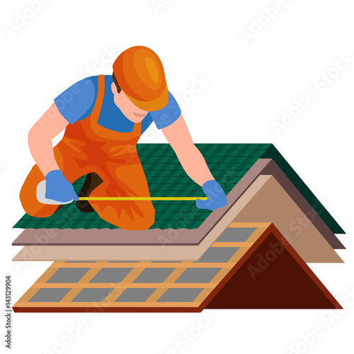 roof construction worker repair home, build structure fixing rooftop tile house with labor equipment, roofer men with work tools in hands outdoors renovation residential vector illustration