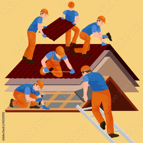 roof construction worker repair home, build structure fixing rooftop tile house with labor equipment, roofer men with work tools in hands outdoors renovation residential vector illustration