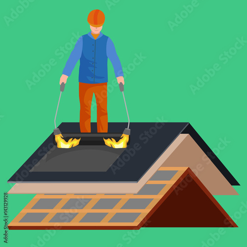 roof construction worker repair home, build structure fixing rooftop tile house with labor equipment, roofer men with work tools in hands outdoors renovation residential vector illustration