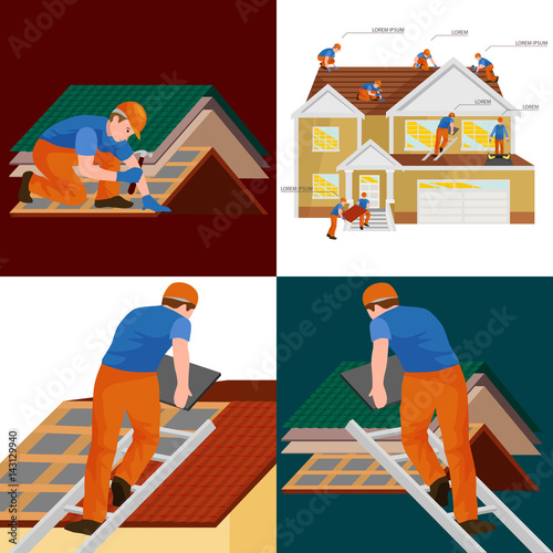 roof construction worker repair home, build structure fixing rooftop tile house with labor equipment, roofer men with work tools in hands outdoors renovation residential vector illustration