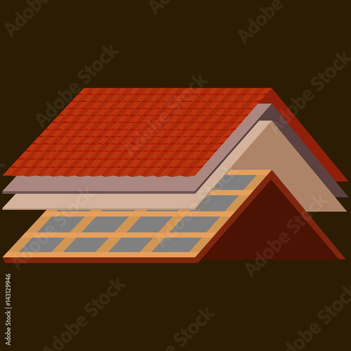 roof construction worker repair home, build structure fixing rooftop tile house with labor equipment, roofer men with work tools in hands outdoors renovation residential vector illustration