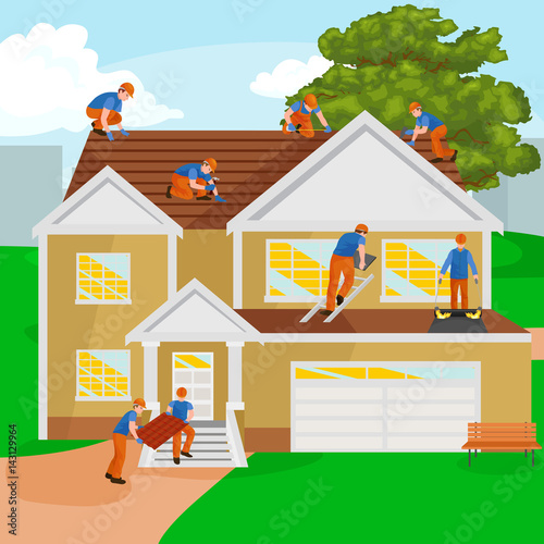 roof construction worker repair home, build structure fixing rooftop tile house with labor equipment, roofer men with work tools in hands outdoors renovation residential vector illustration