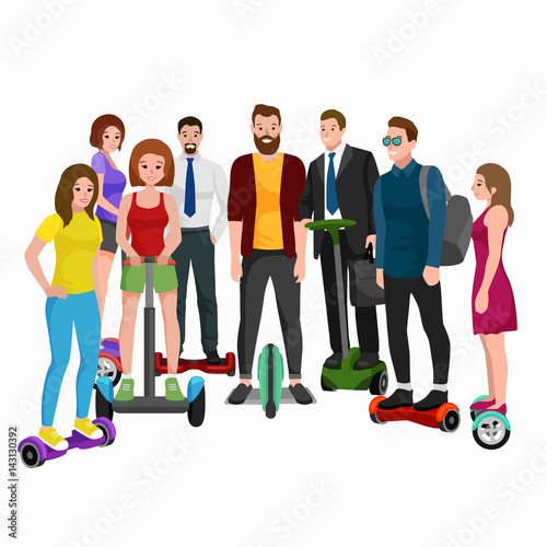 active peoples fun with electric scooter, family on new modern technology hoverboard, man woman and child self balance wheel transport gyroscooter ride the street vector illustrator