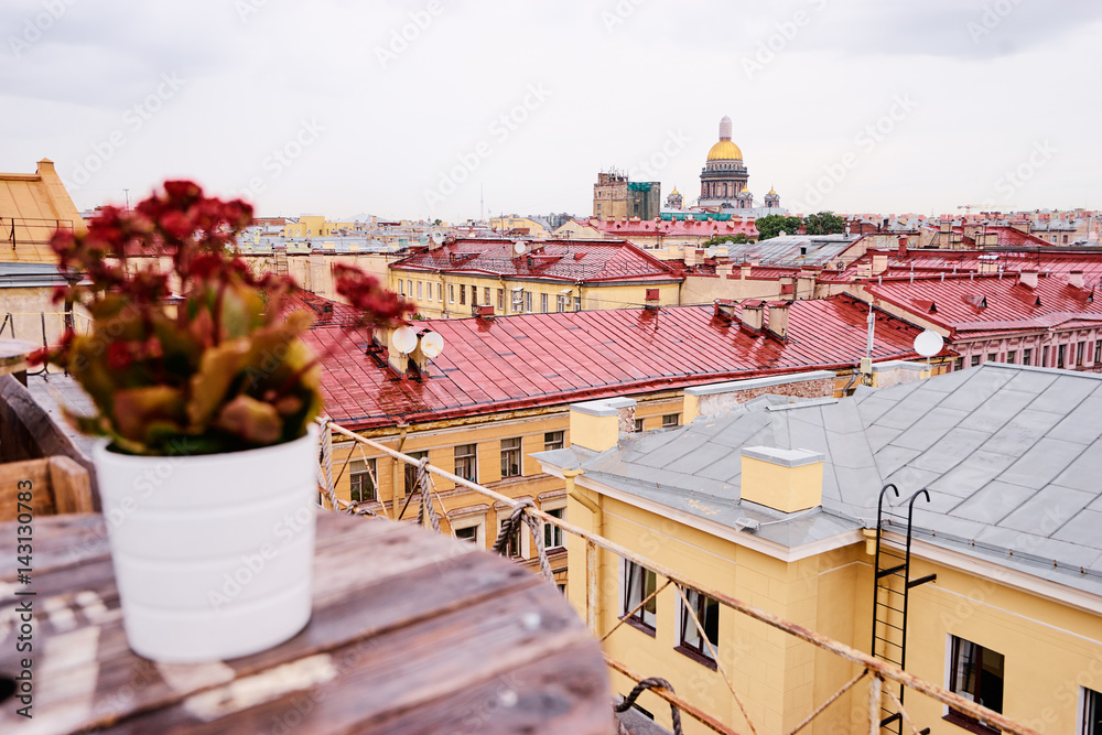 Terrace on the roof top with beautiful view of Saint Peterburg old town.