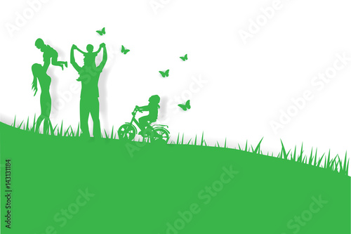 Green background happy family having fun playing in the field,paper art,vector