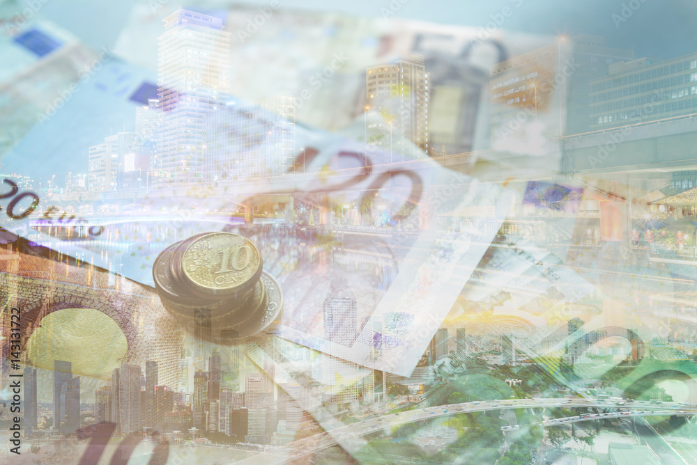 Double exposure of city, banknote and coins money for finance and business concept Double exposure of city, banknote and coins money for finance and business concept