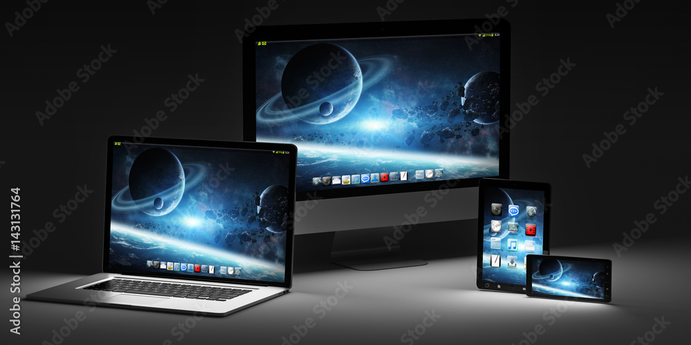 Dark modern computer laptop mobile phone and tablet 3D rendering