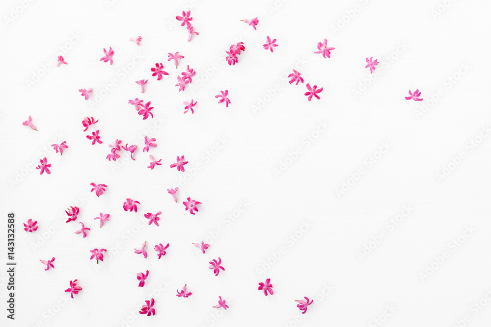 Flowers composition. Frame made of hyacinth flowers on white background. Flat lay, top view