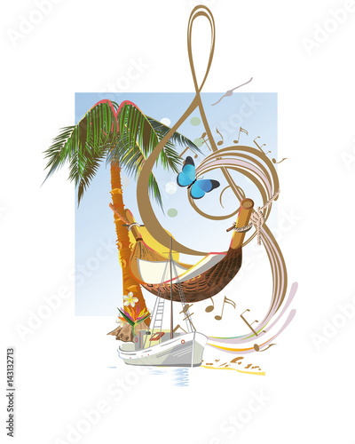 Abstract treble clef decorated with palms, a hammock and a butterfly. Relax music.