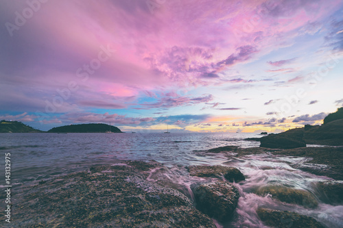 Beautiful landscape with colorful sunset on the sea.