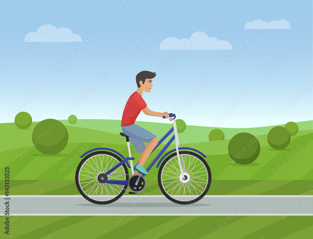 Young man riding a sport bike on a park road. Vector illustration. Male bicycle Young man riding a sport bike on a park road. Vector illustration. Male bicycle
