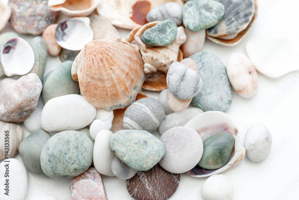 Stones and seashells in a vase on a white background. Reminder of the sea