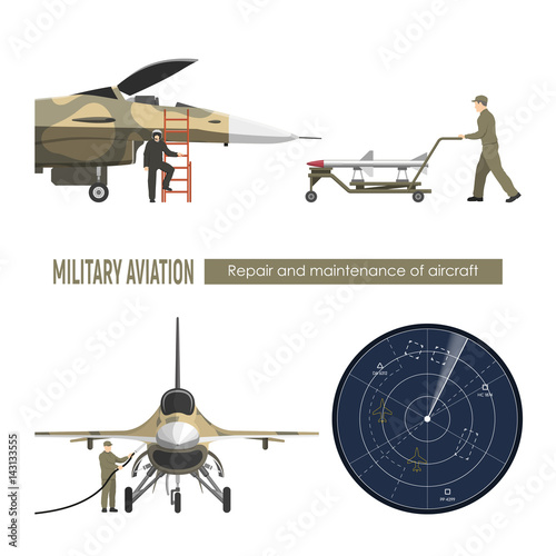 Military airplane. Repair and maintenance of war aircraft. Aerospace industry. Vector illustration
