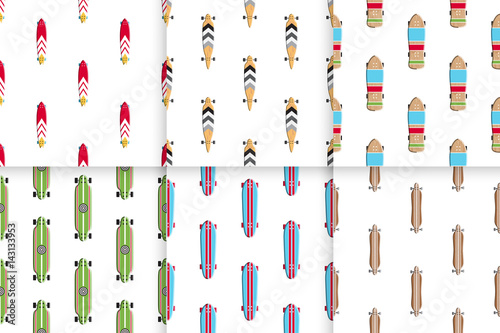 Set seamless pattern with colored design skateboard and longboards. Textures boards for skating which you can use for wrapping paper  packaging  and background.
