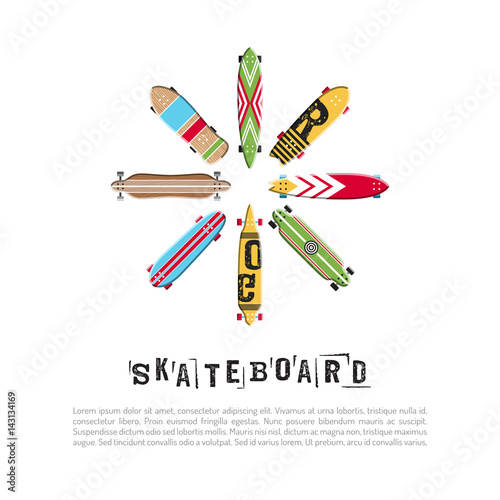 Set vector skateboard and longboard collection. Icon skate in flat style. Banner with a variety of skateboards for store sports equipment, boardshop. photo