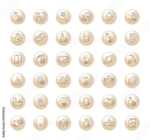 Vector graphic set.Icons in flat, contour,thin, minimal and linear design.Care of body.Hygiene products.Body wash, epilation, depilation, peeling.Simple isolated icons.Concept sign,symbol,element.