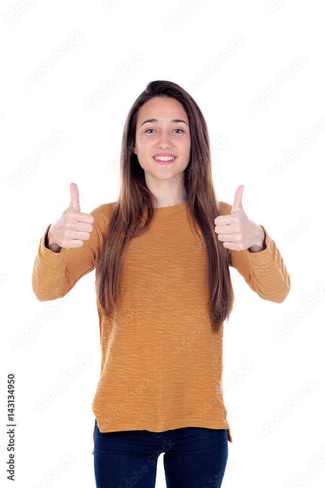 Beautiful young girl showing ok sign with his thumbs Beautiful young girl showing ok sign with his thumbs