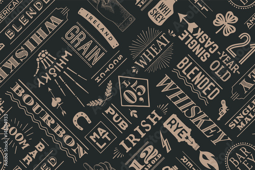 Seamless pattern with types of whiskey and hand drawn lettering for bar, pub, cafe, fest and party. Vintage drawing for placemat, bar menu, t-shirt print and whiskey themes. Vector Illustration