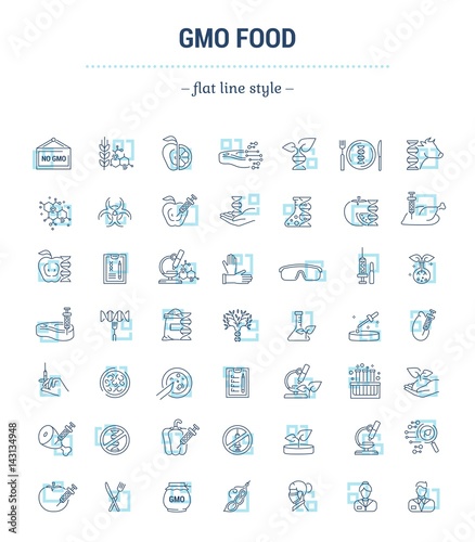 Vector graphic set. Icons in flat, contour, thin, minimal and linear design.Gmo food. Genetically modified food product.Modern technology.Concept illustration for Web site, app.Sign,symbol,element.