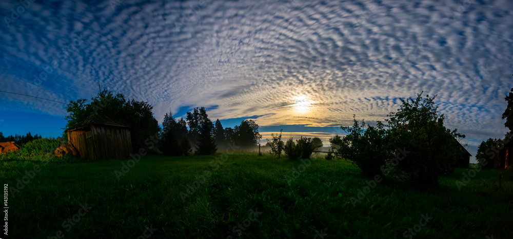 Fototapeta premium Night field landscape. Fog over the meadow. Full moon shine. Panorama.