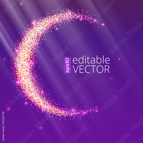 Half of the moon from gold glittering star dust on a colored background. Golden symbol for for flyer, poster or banner. Template with texture for your design or business.
