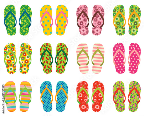 Set of colorful vector flip flops, beach sandals for summer holidays