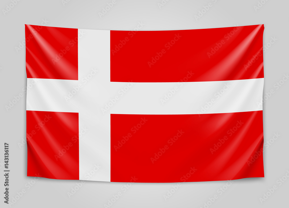 Hanging flag of Denmark. Kingdom of Denmark. National flag concept. Hanging flag of Denmark. Kingdom of Denmark. National flag concept.