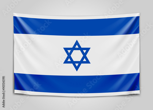 Hanging flag of Israel. State of Israel. Israeli national flag concept.